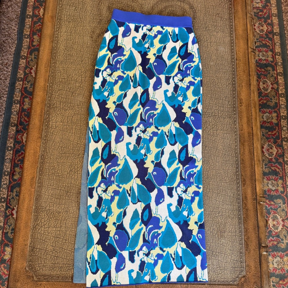 Staud Blue Abstract Print Knit Maxi Skirt with Side Slit Size XS Excellent